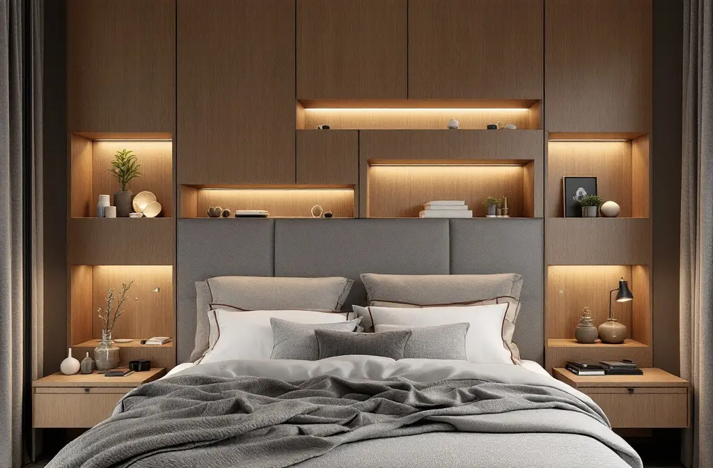 Bedroom with a grey upholstered headboard and lit wooden wall niches