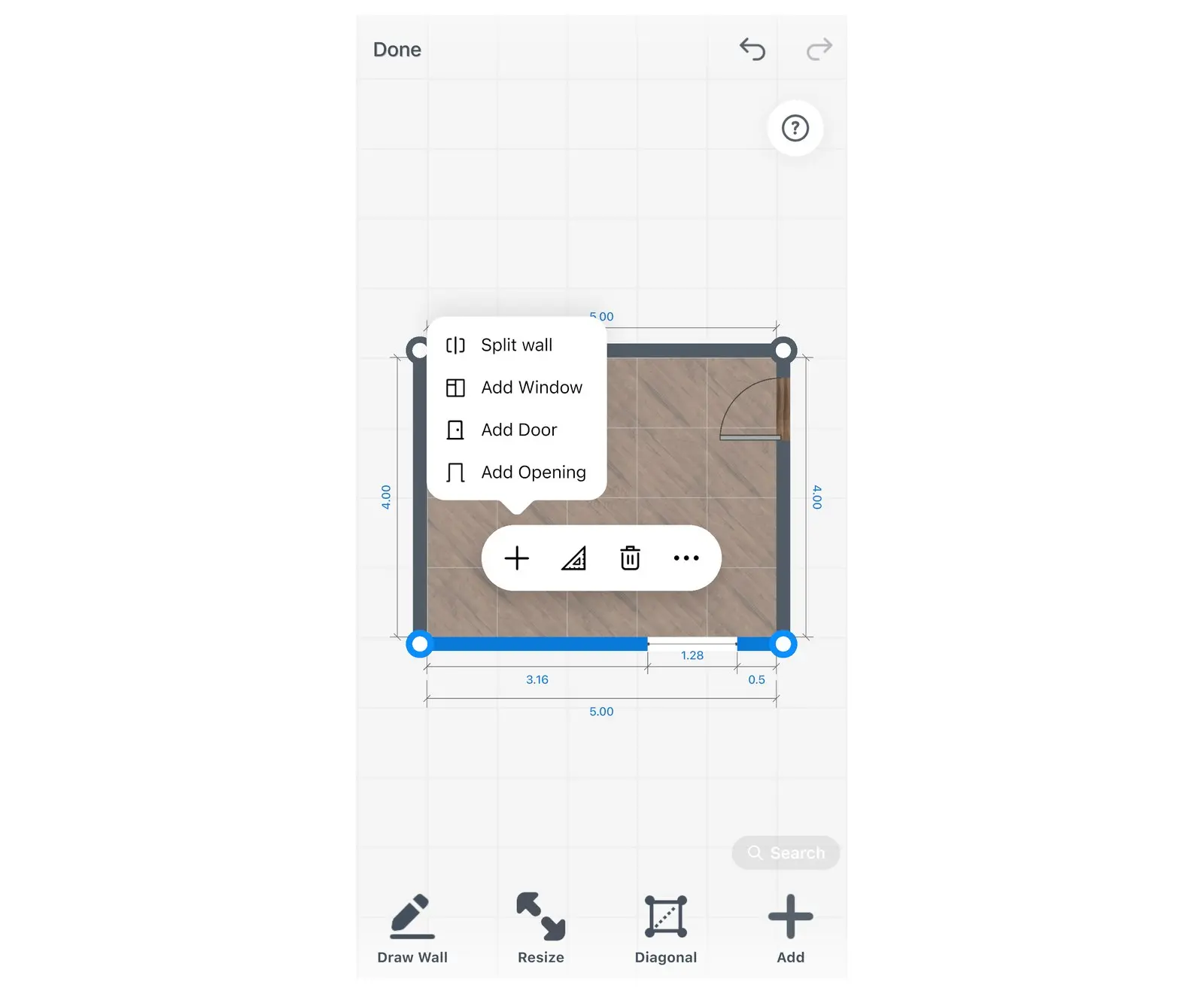 Home Planner Edit Walls with the bottom wall selected and the menu of the plus icon open: Split wall, Add Window, Add Door, Add Opening