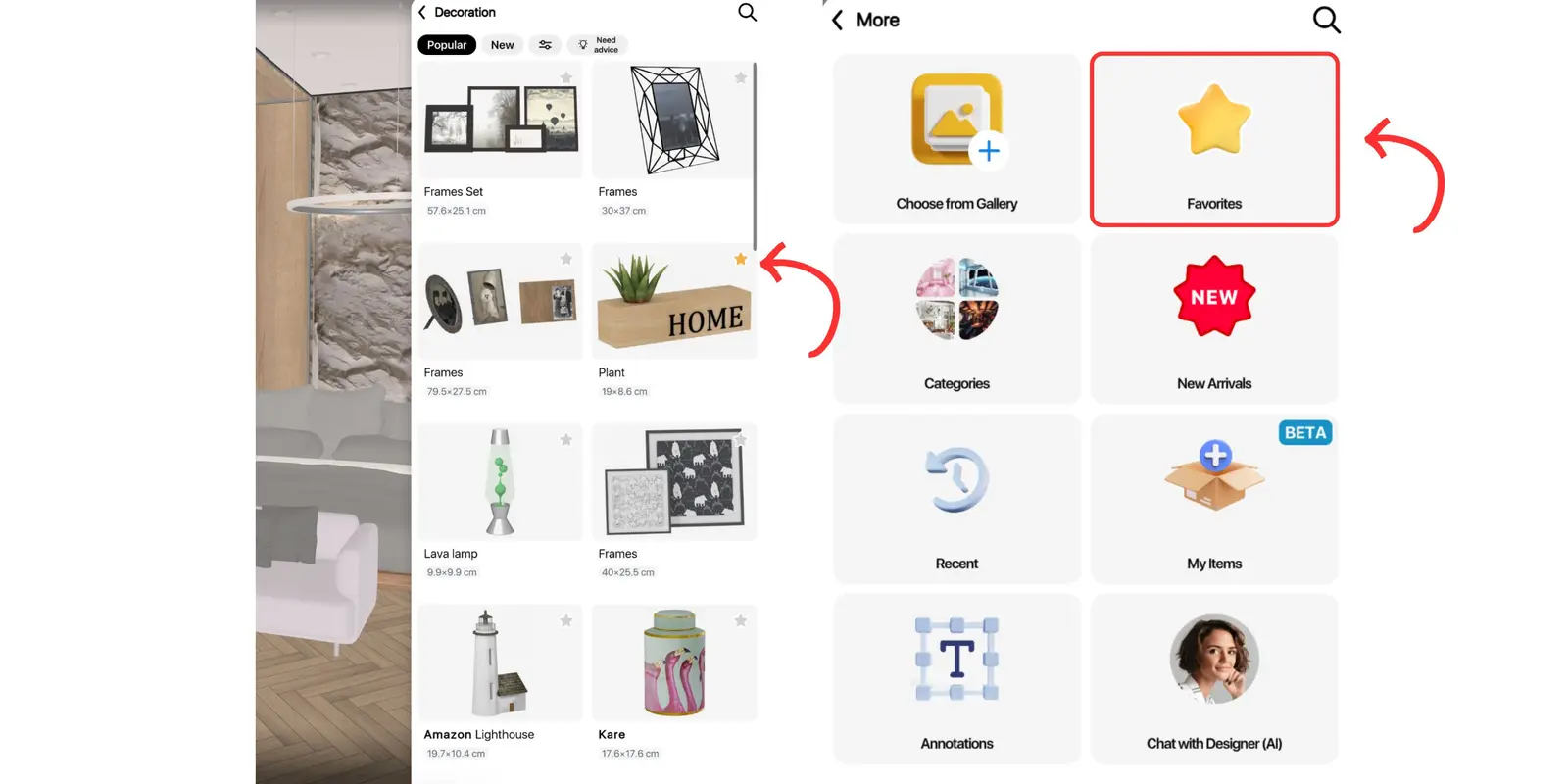 Star icon on a catalog item and the Favorites button in the More menu