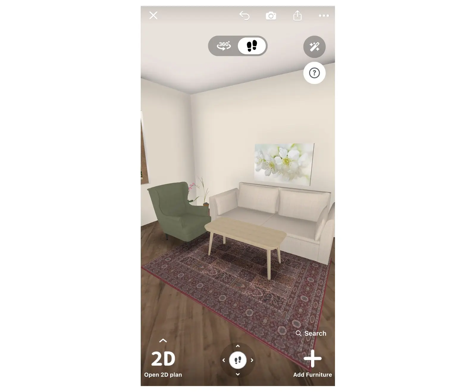 Home Planner 3D view on a phone with the camera icon in the top bar that opens render mode
