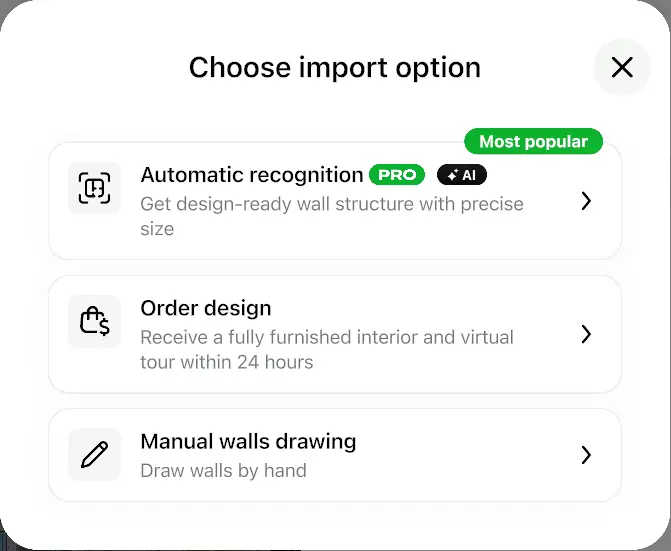 Choose import option window in Home Planner with Automatic recognition, Order design and Manual walls drawing