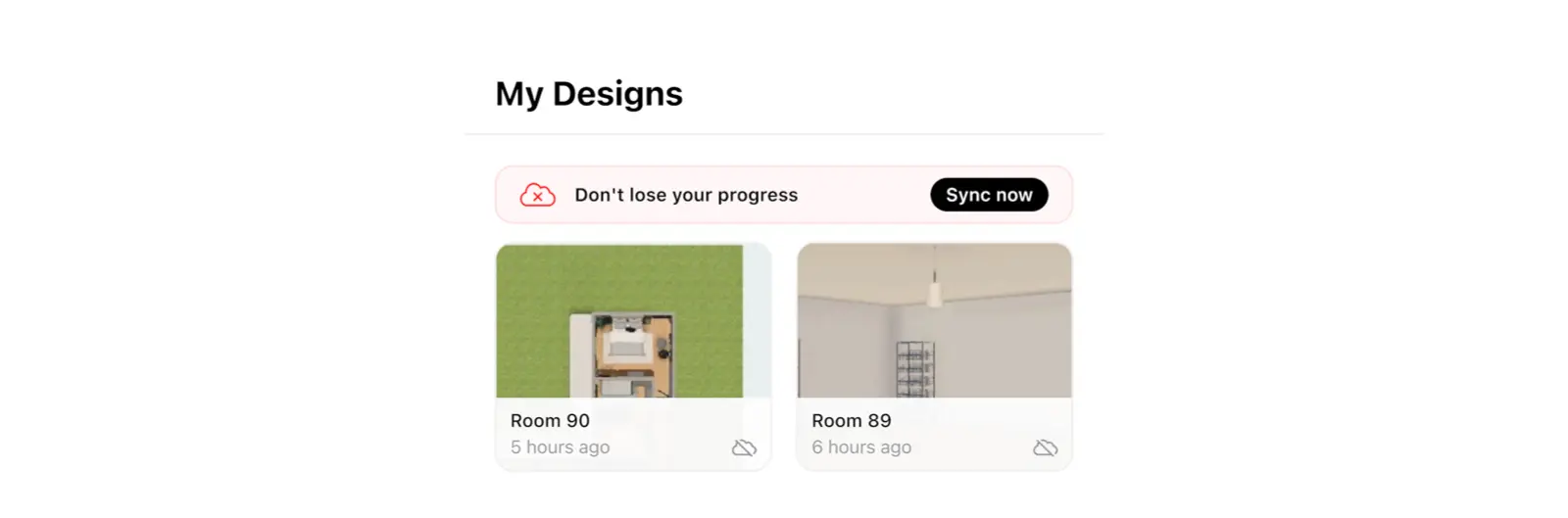 Sync panel on the My Designs screen in Home Planner with the Sync now button