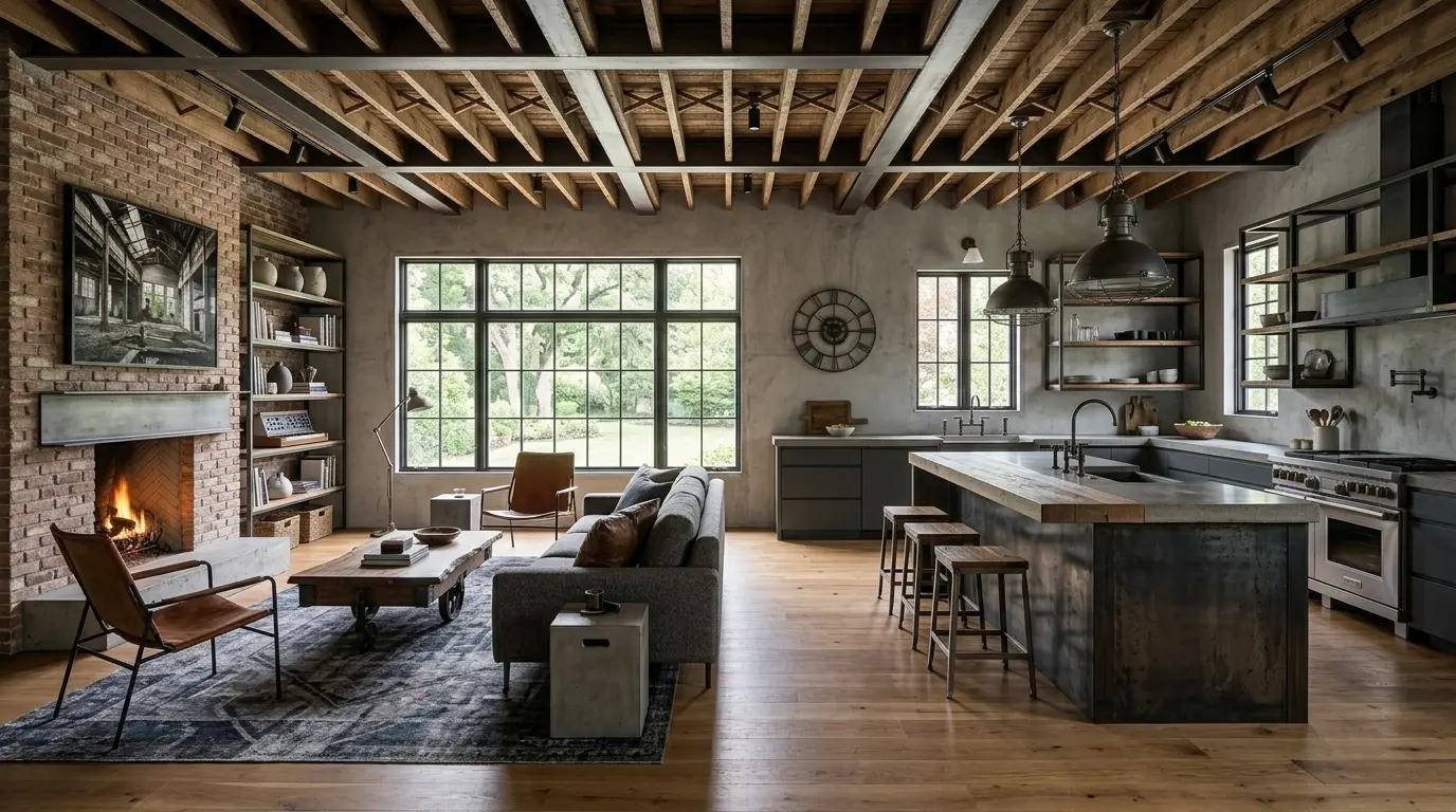 An open-plan kitchen with dark cabinets, a rustic island and exposed beams