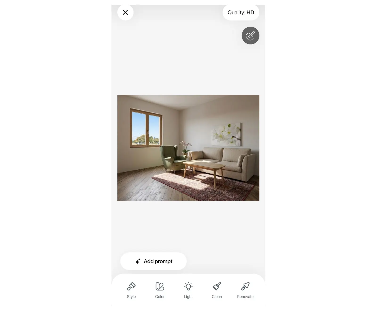Editor de Rediseño IA en Home Planner con la foto de una sala de estar y las herramientas Estilo, Color, Iluminación, Limpieza y Renovación