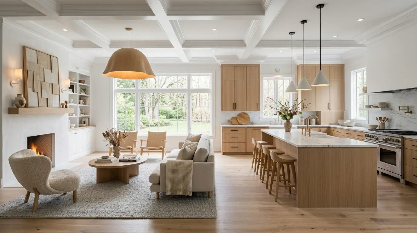 An open-plan kitchen with light oak cabinets and an oak island with stools