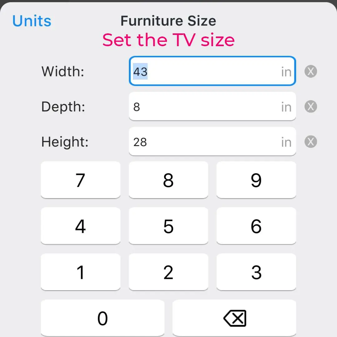 Home Planner furniture size dialog with TV width, depth and height in inches