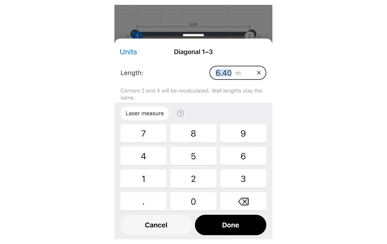 Size keypad for the diagonal between corners 1 and 3 in Home Planner