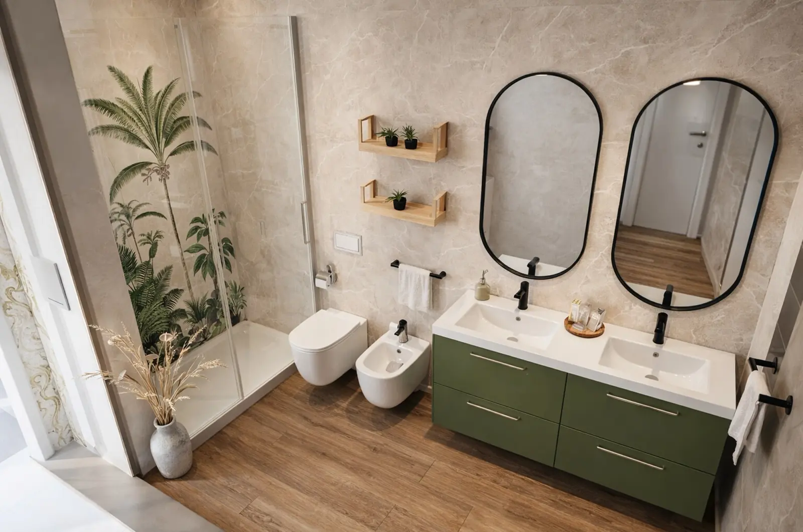 Salle de bain avec un mur de douche à motif palmes, un meuble double vasque vert et deux miroirs ovales