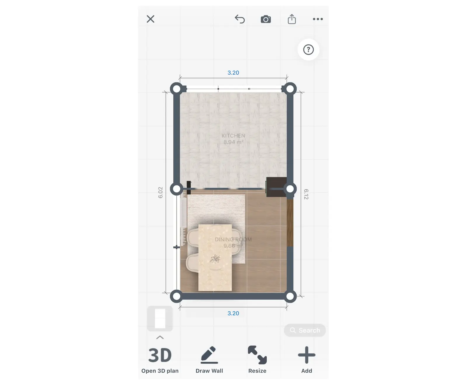 A kitchen plan in the app with a length on every wall