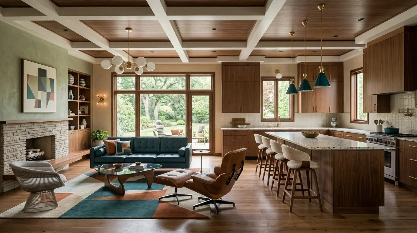 An open-plan kitchen with dark walnut cabinets and a walnut island with stools