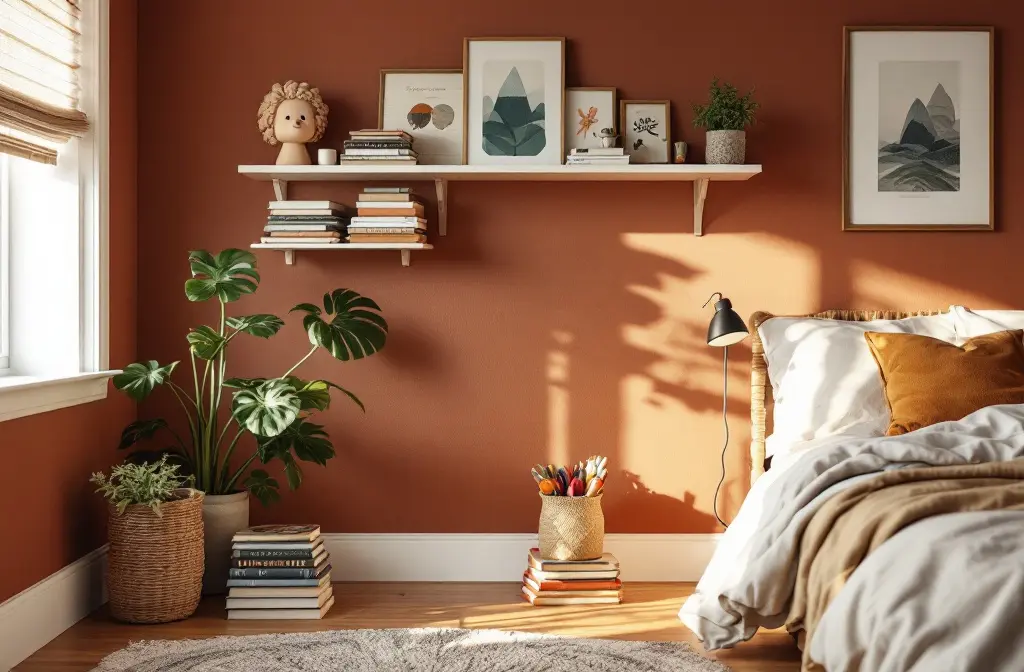 Terracotta bedroom wall with a shelf of art prints, books and plants