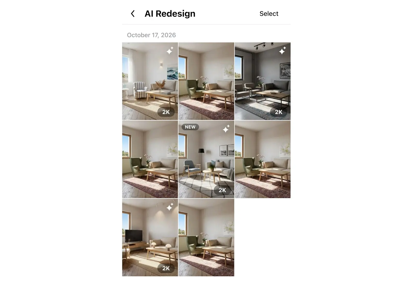 Galería de Rediseño IA en Home Planner con distintas versiones de una misma habitación