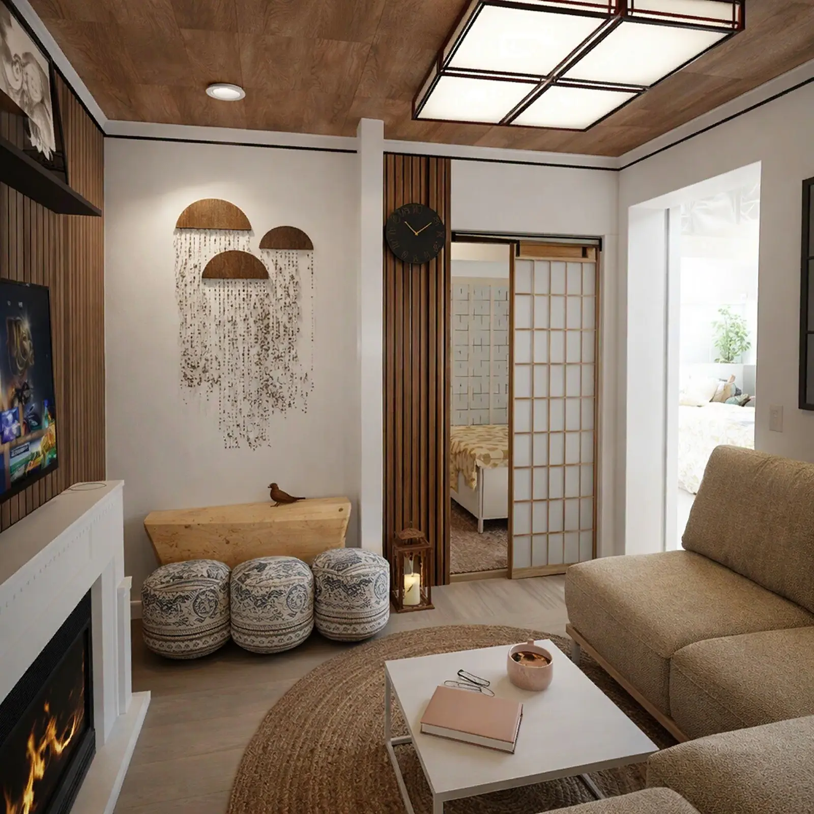 Sala de estar compacta con chimenea, pufs y una puerta corrediza shoji hacia el dormitorio