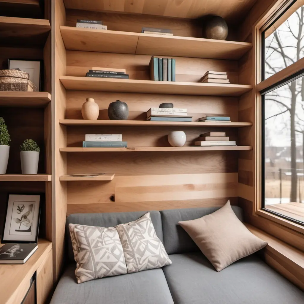 Wooden wall shelves with books and vases above a grey built-in sofa