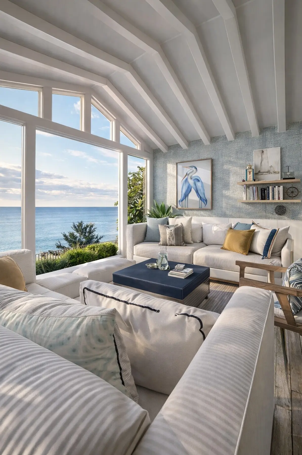 Wohnzimmer im maritimen Stil mit gewölbter Balkendecke, weißen Sofas und blauem Polsterhocker