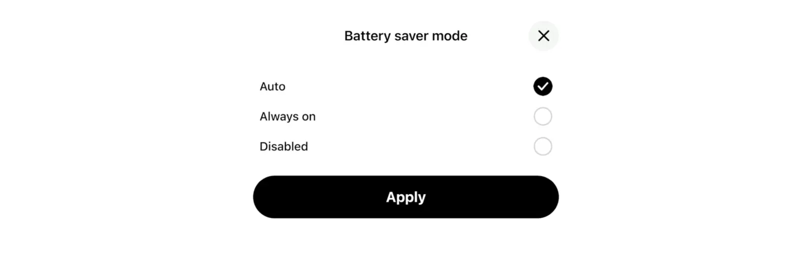 Opzioni della Modalità risparmio batteria in Home Planner: Auto, Sempre attivo e Disabilitato