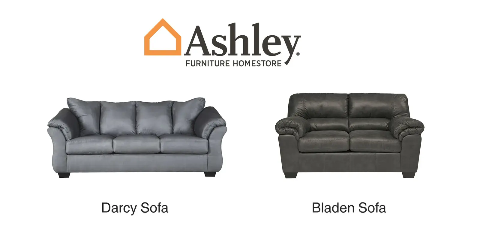 Logotipo de Ashley Furniture sobre el sofá Darcy en color gris y el sofá Bladen en tono oscuro