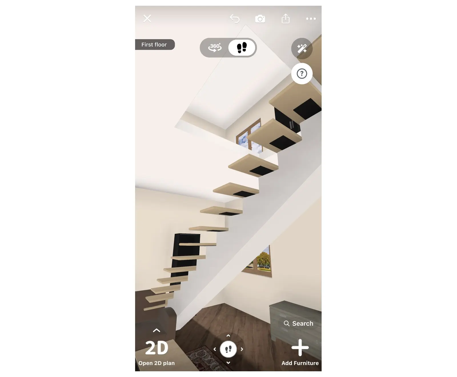 منظور ثلاثي الأبعاد في Home Planner من الطابق السفلي يطل صعودًا عبر الدرج إلى فتحة الدرج في الطابق العلوي