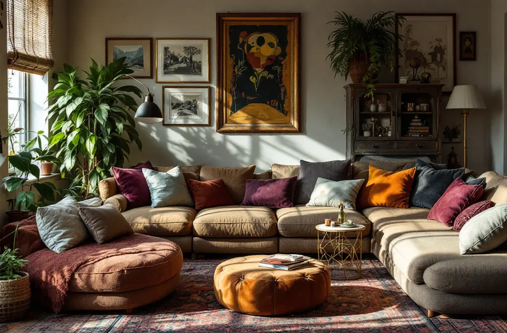 Comforting chaos interior: an eclectic living room with a curved sofa, colourful cushions and a gallery wall