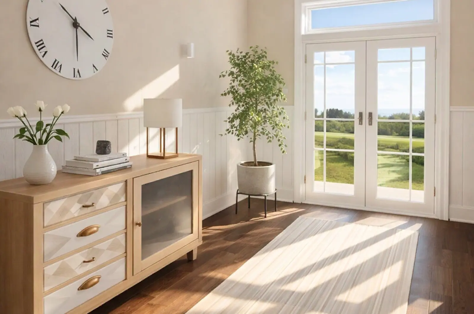 Entrada iluminada con puertas ventanas, un aparador de madera, un reloj de pared, un tapete alargado y un árbol pequeño