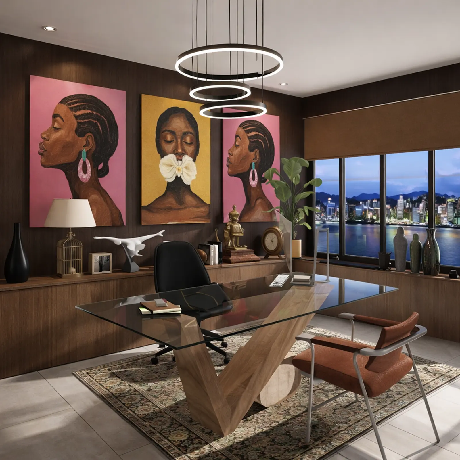 Chefbüro mit V-förmigem Glastisch, drei Hochformat-Gemälden und Blick auf den Hafen