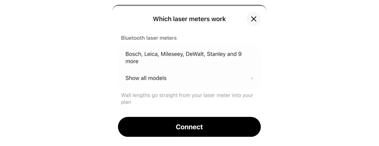 Home Planner screen Which laser meters work, with the list of laser meter makers