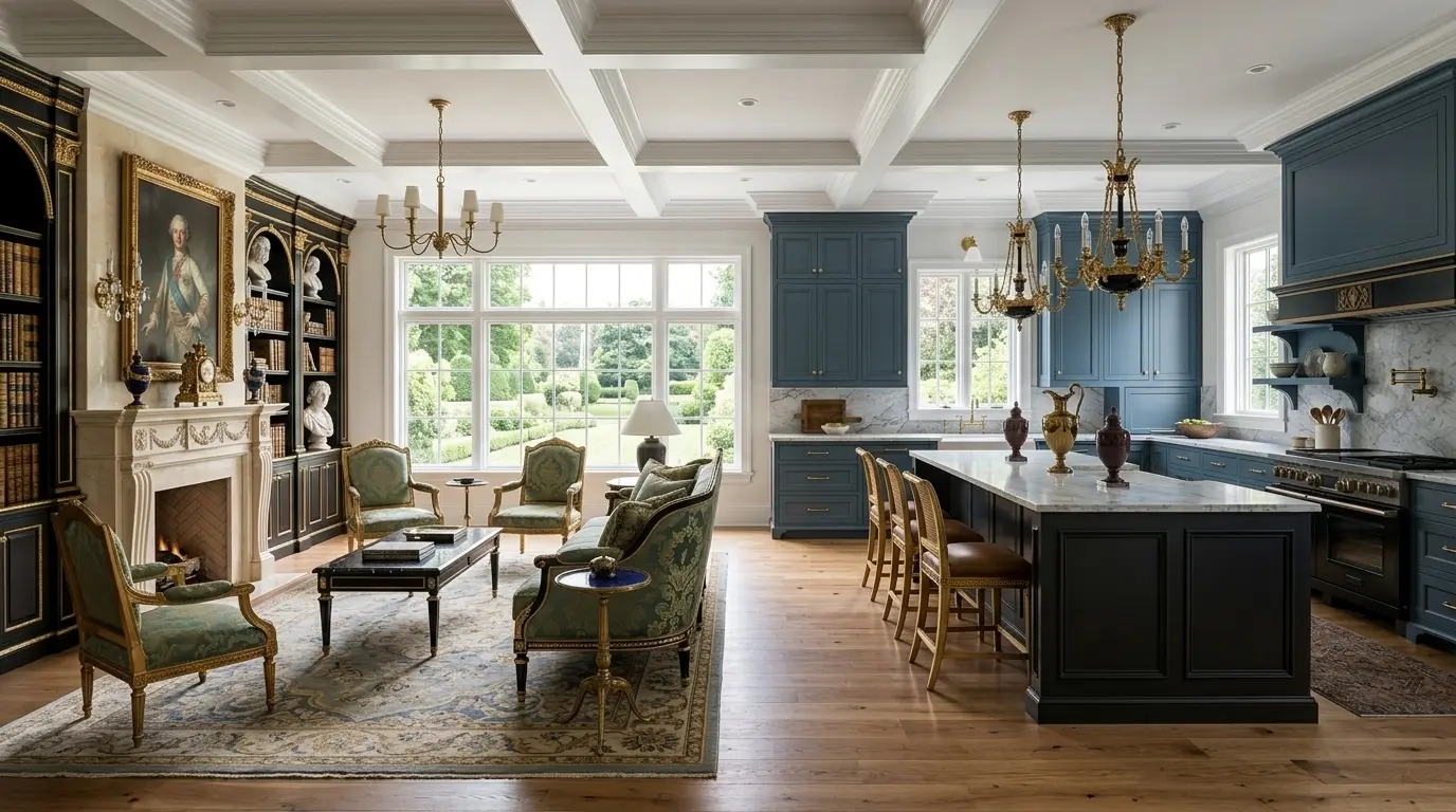 An open-plan kitchen with navy blue cabinets and a dark island