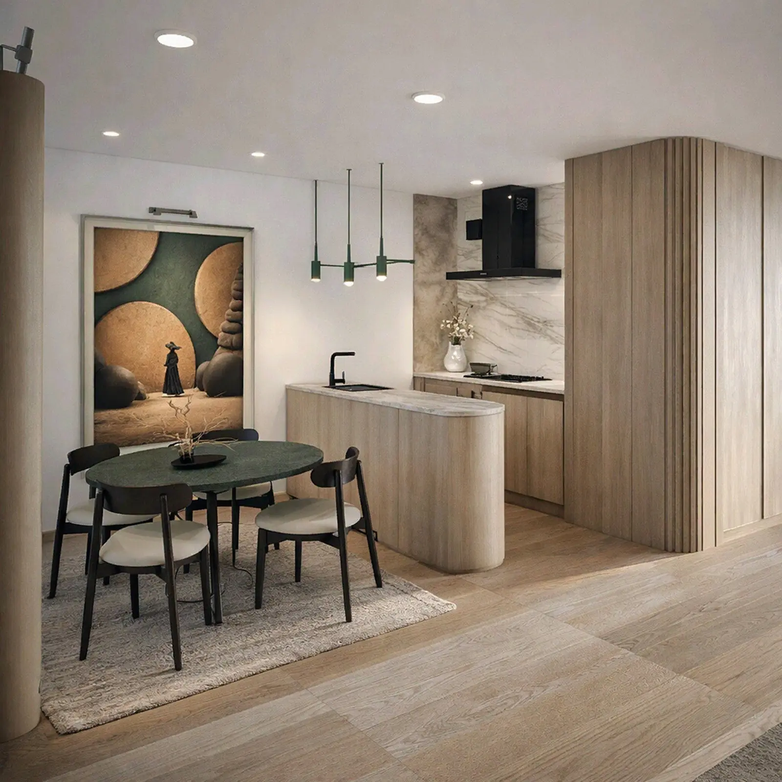 紧凑型橡木厨房，在圆形餐桌旁配有弧形半岛台