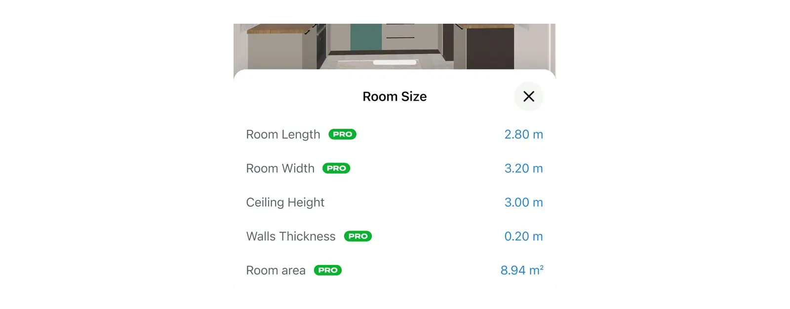 Room Size window of a kitchen in Home Planner: Ceiling Height is 3.00 m and has no PRO label, unlike Room Length, Room Width, Walls Thickness and Room area