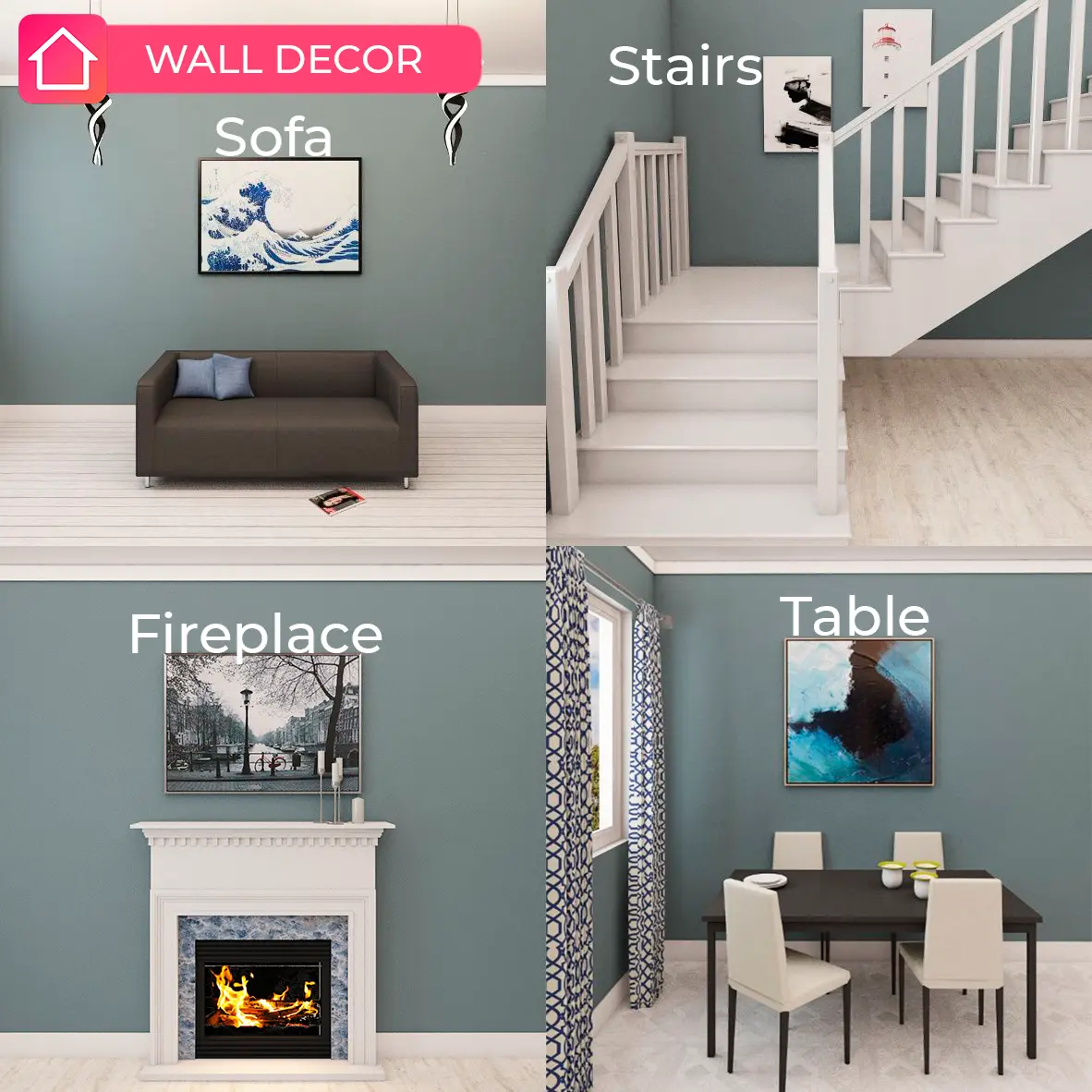 How High to Hang Art: Sofa, Fireplace, Stairs and Table