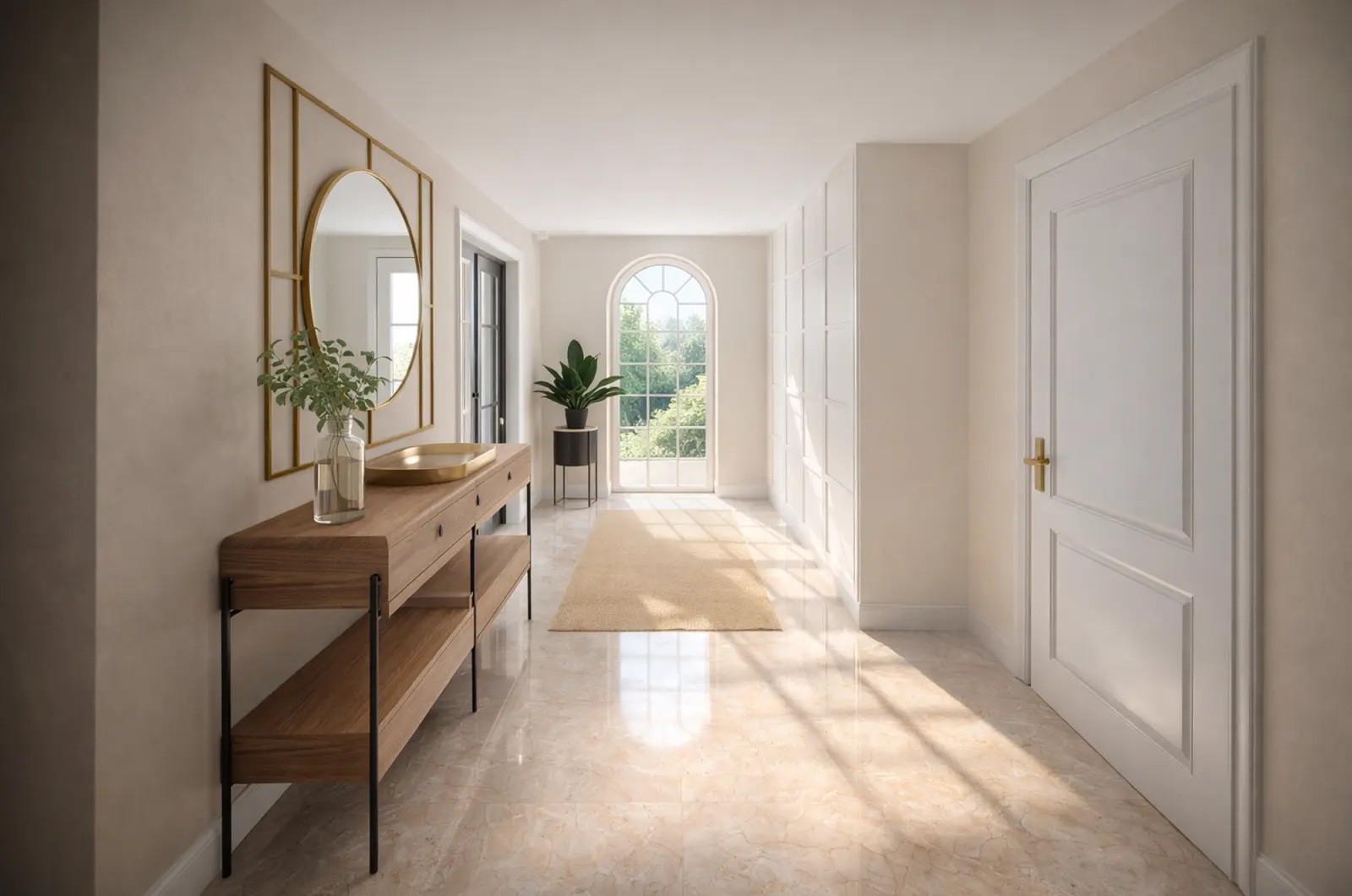 Pasillo luminoso con una consola de madera, un espejo redondo dorado, un tapete alargado y una ventana con arco