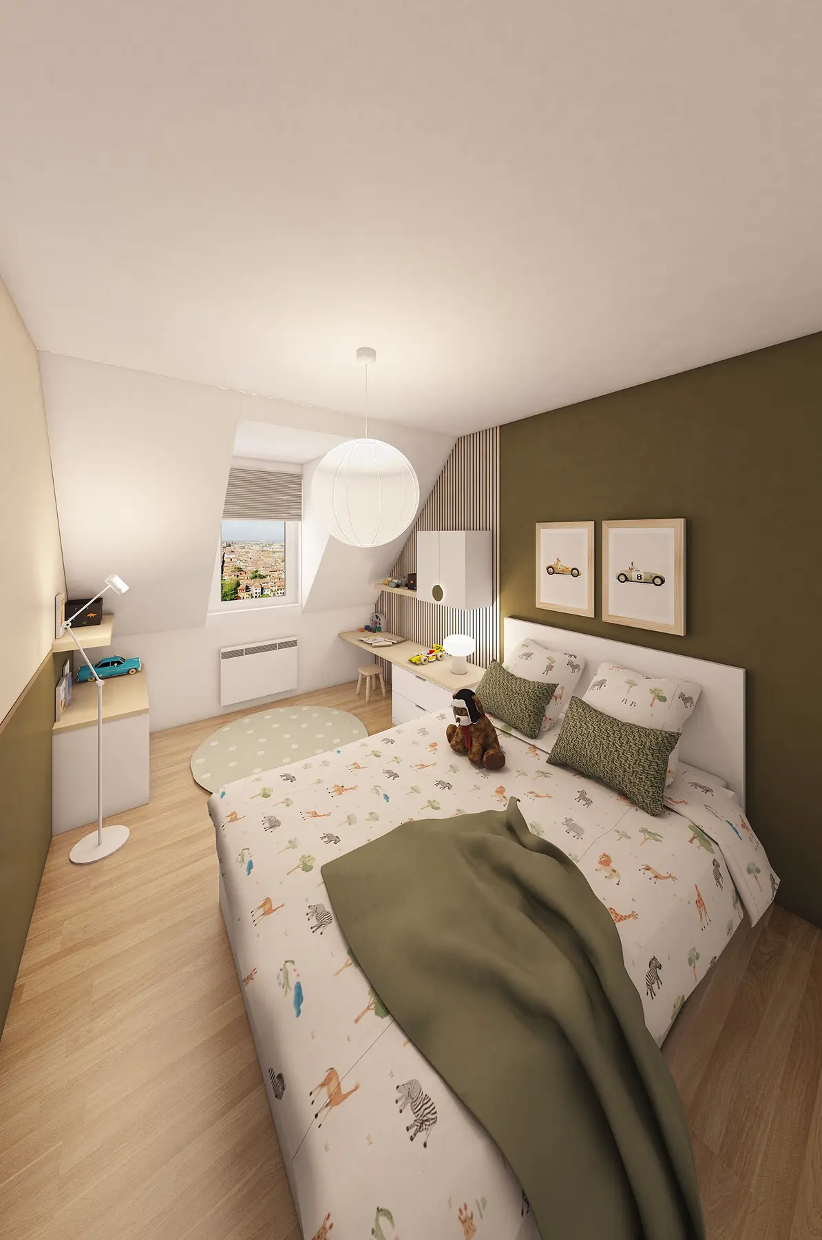Dormitorio infantil abuhardillado con buhardilla, pared de listones y escritorio bajo la inclinación del techo