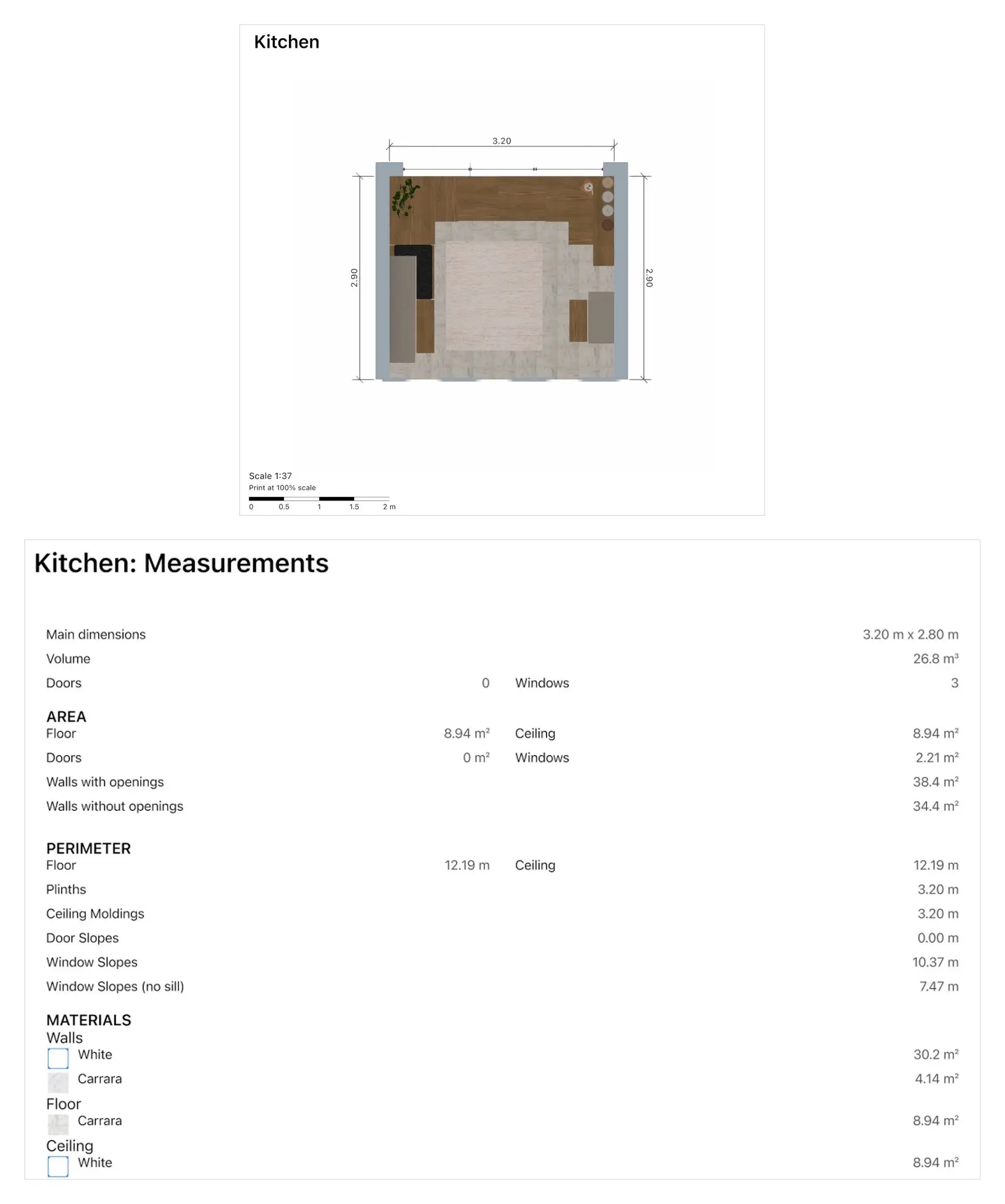 A PDF page with the kitchen plan and a Kitchen Measurements page