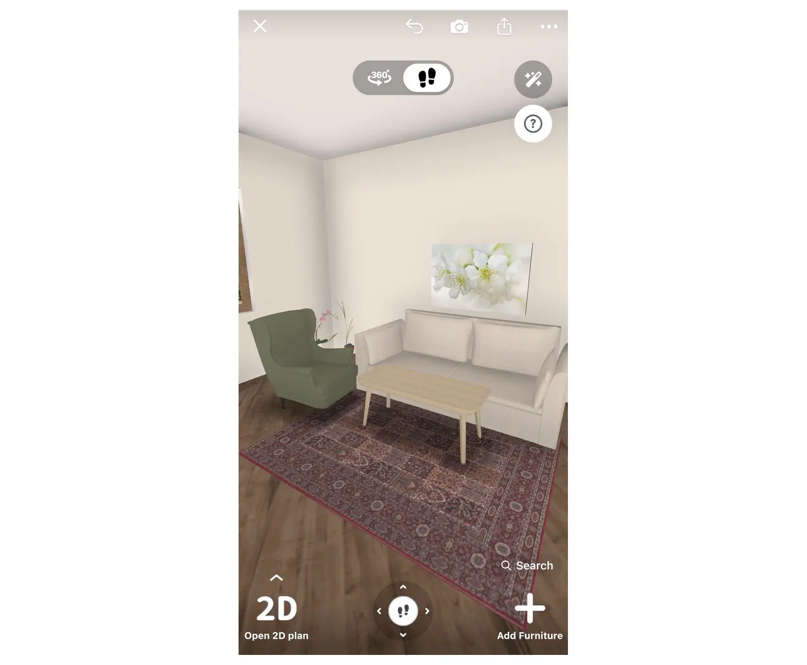 A furnished living room in 3D with wall and floor materials