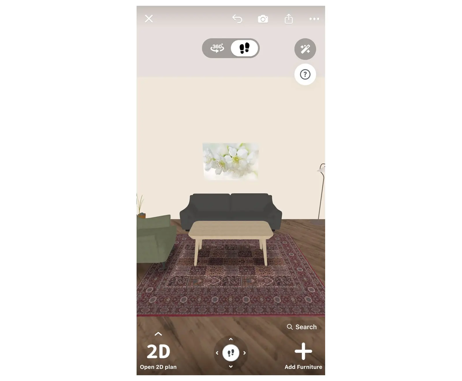 A living room in 3D with a grey sofa, a coffee table, an armchair and a rug