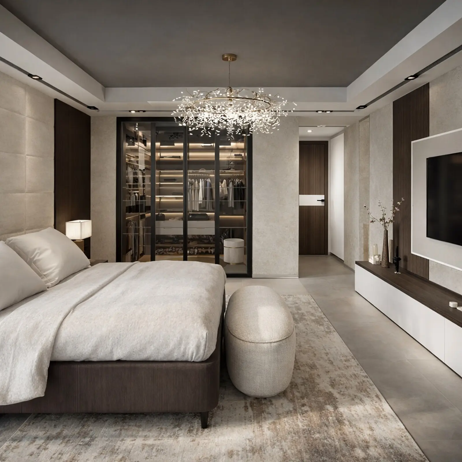 Camera da letto beige con cabina armadio in vetro, lampadario in cristallo e TV a parete
