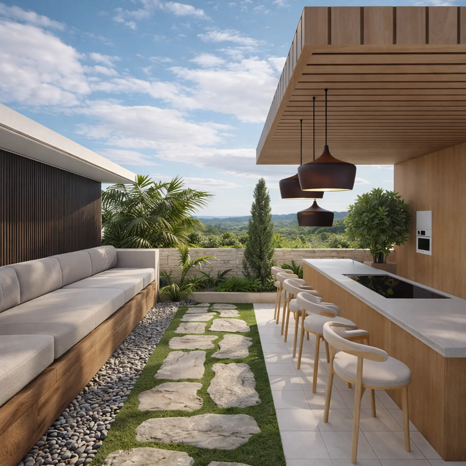 Terraço na cobertura com sofá longo embutido, balcão com banquetas e caminho de pisadas de pedra