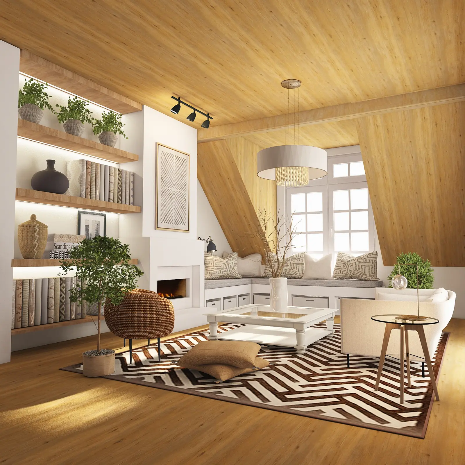 Sala de estar abuhardillada con techo inclinado revestido de madera, asiento junto a la buhardilla y chimenea