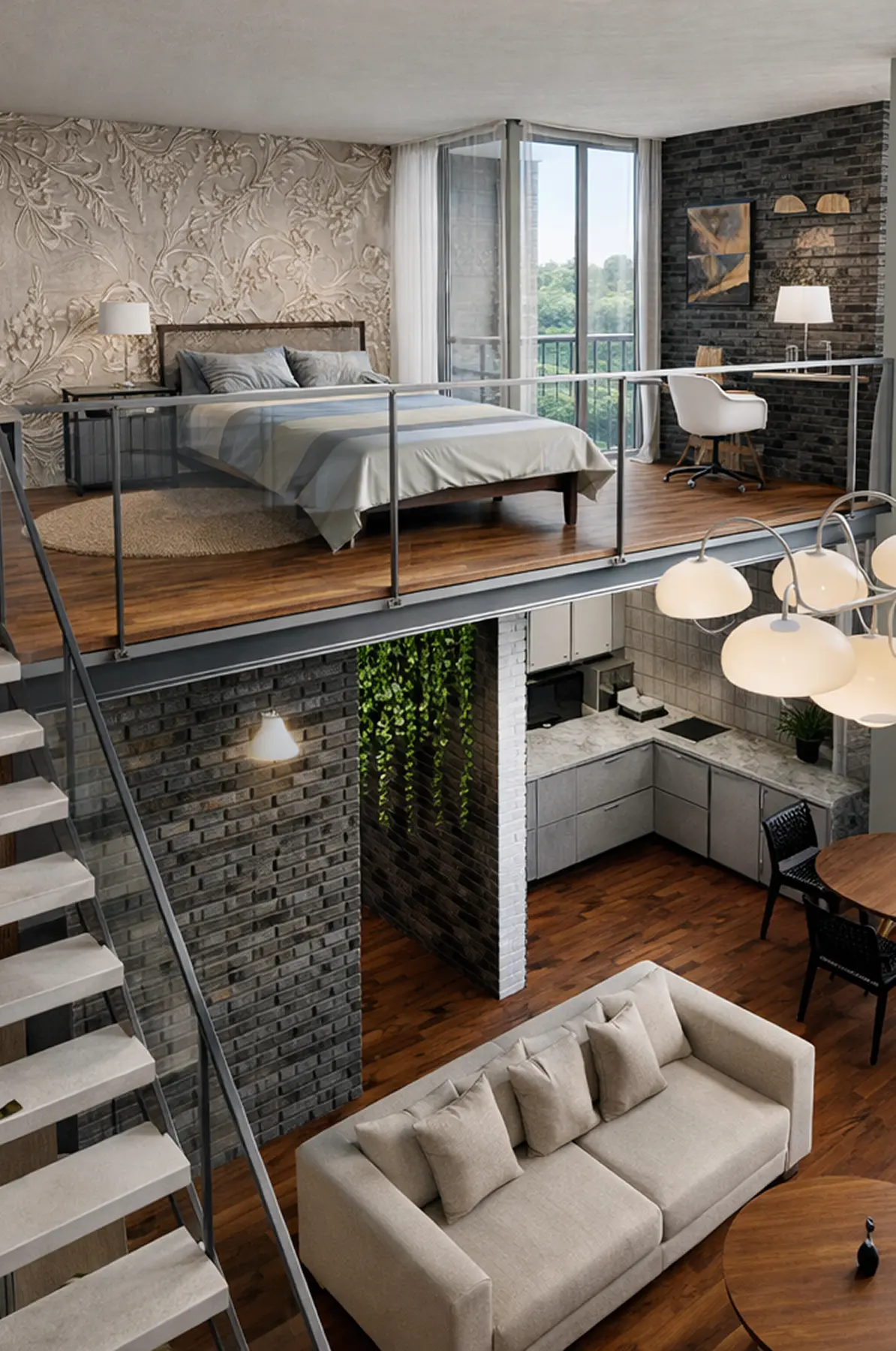 Tapanco de dos niveles con dormitorio y escritorio arriba, cocina y sofá abajo, y escalera abierta