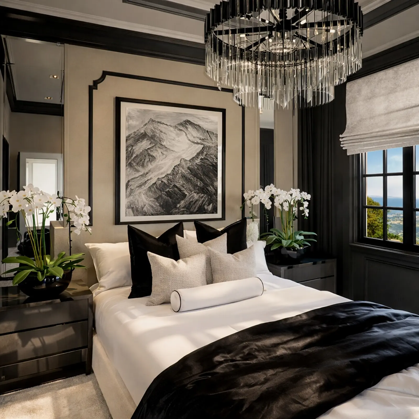 Camera da letto nera e crema con lampadario in cristallo, orchidee bianche e stampa con paesaggio montano
