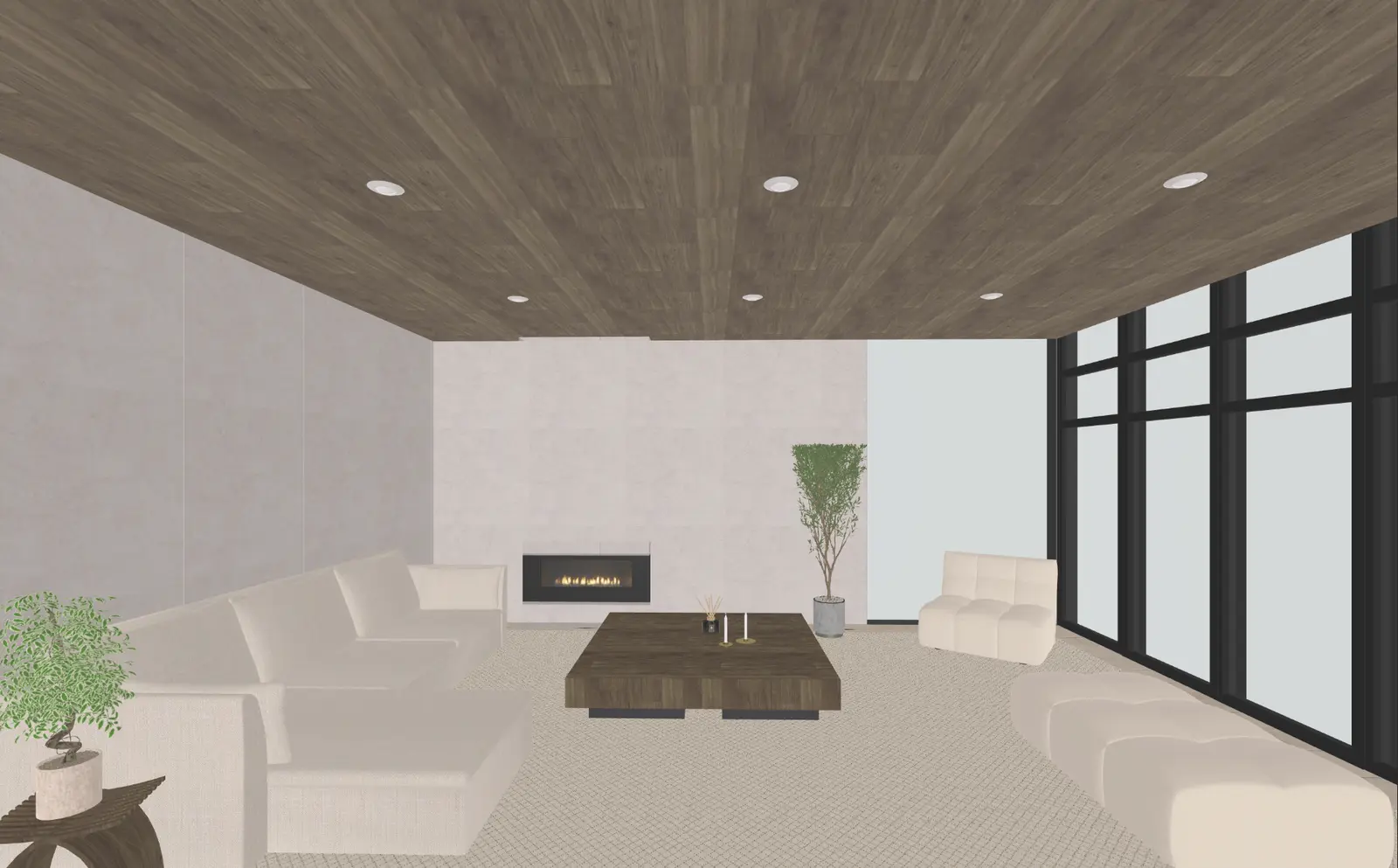 Home Planner editor screenshot of a white living room with a wooden ceiling