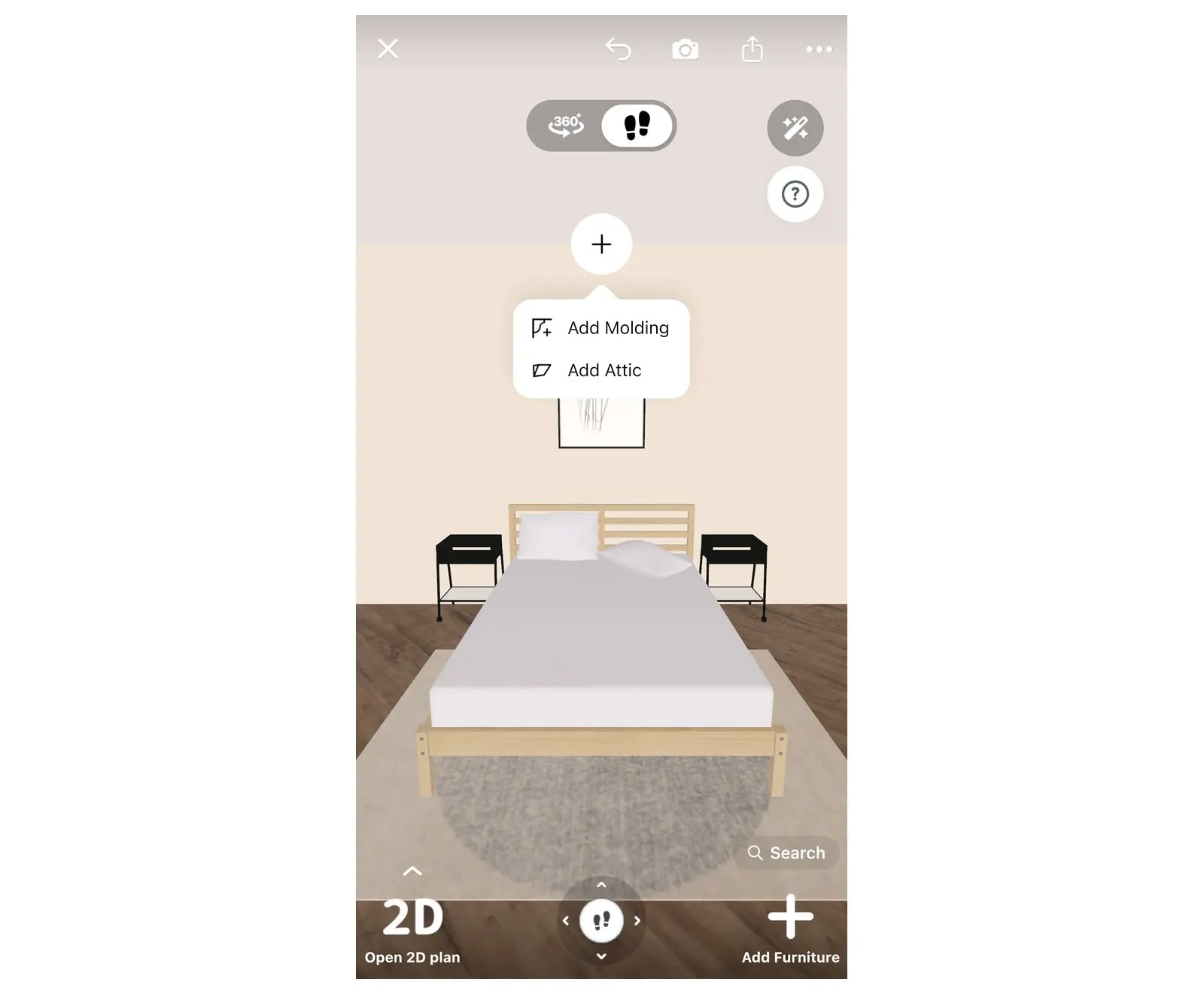 Home Planner 3D view of a bedroom wall with the plus button on top of the wall and its menu: Add Molding and Add Attic