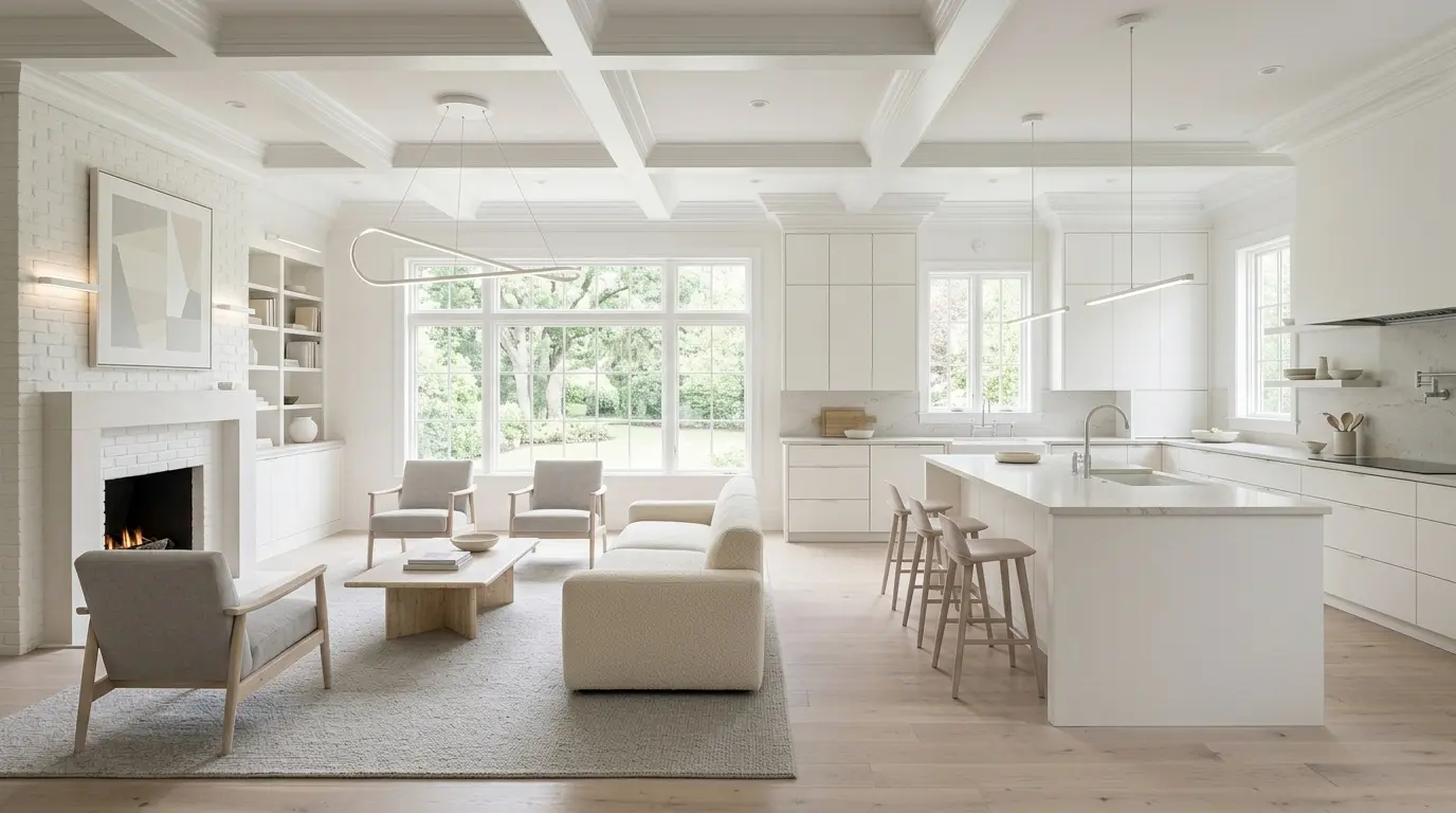 An open-plan kitchen with white cabinets and a white island with stools