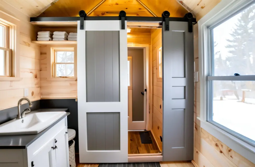 Grey and white sliding barn door leading to a small wooden bathroom