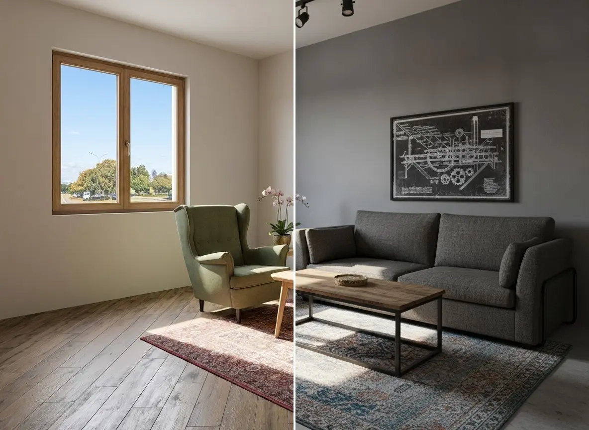 A living room photo on the left and the room redesigned with AI Redesign in the Industrial style on the right (AI-generated image)