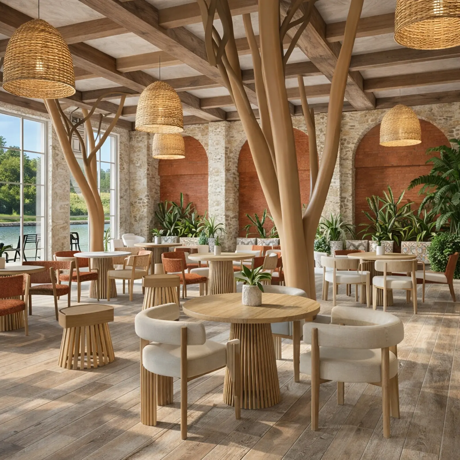 Ağaç şeklinde ahşap sütunları, rattan sarkıt lambaları, yuvarlak masaları ve göl manzarası olan kafe