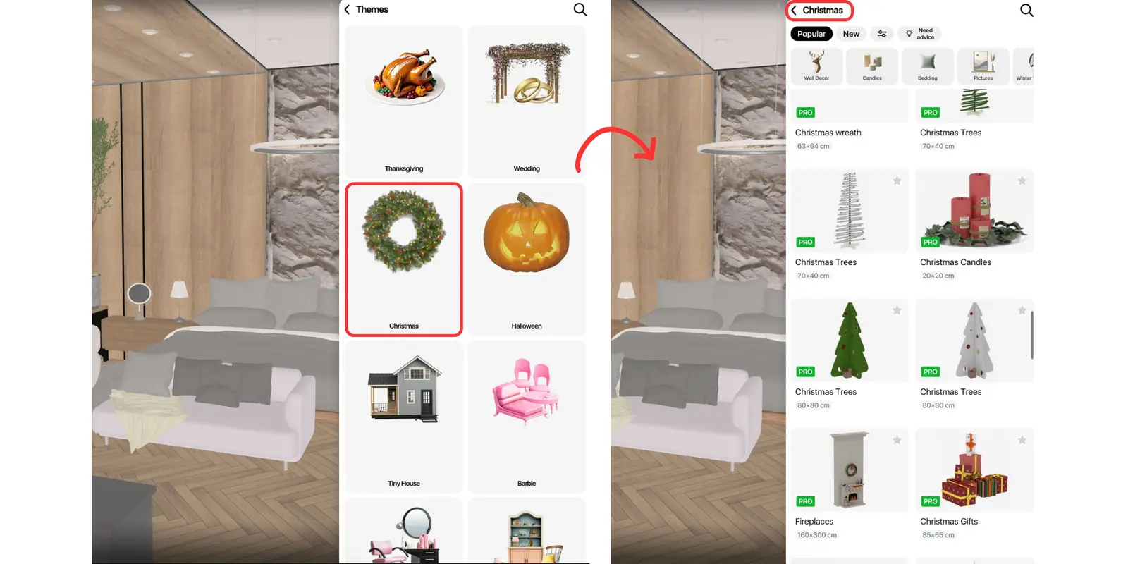 Home Planner Themes menu with the Christmas collection opened