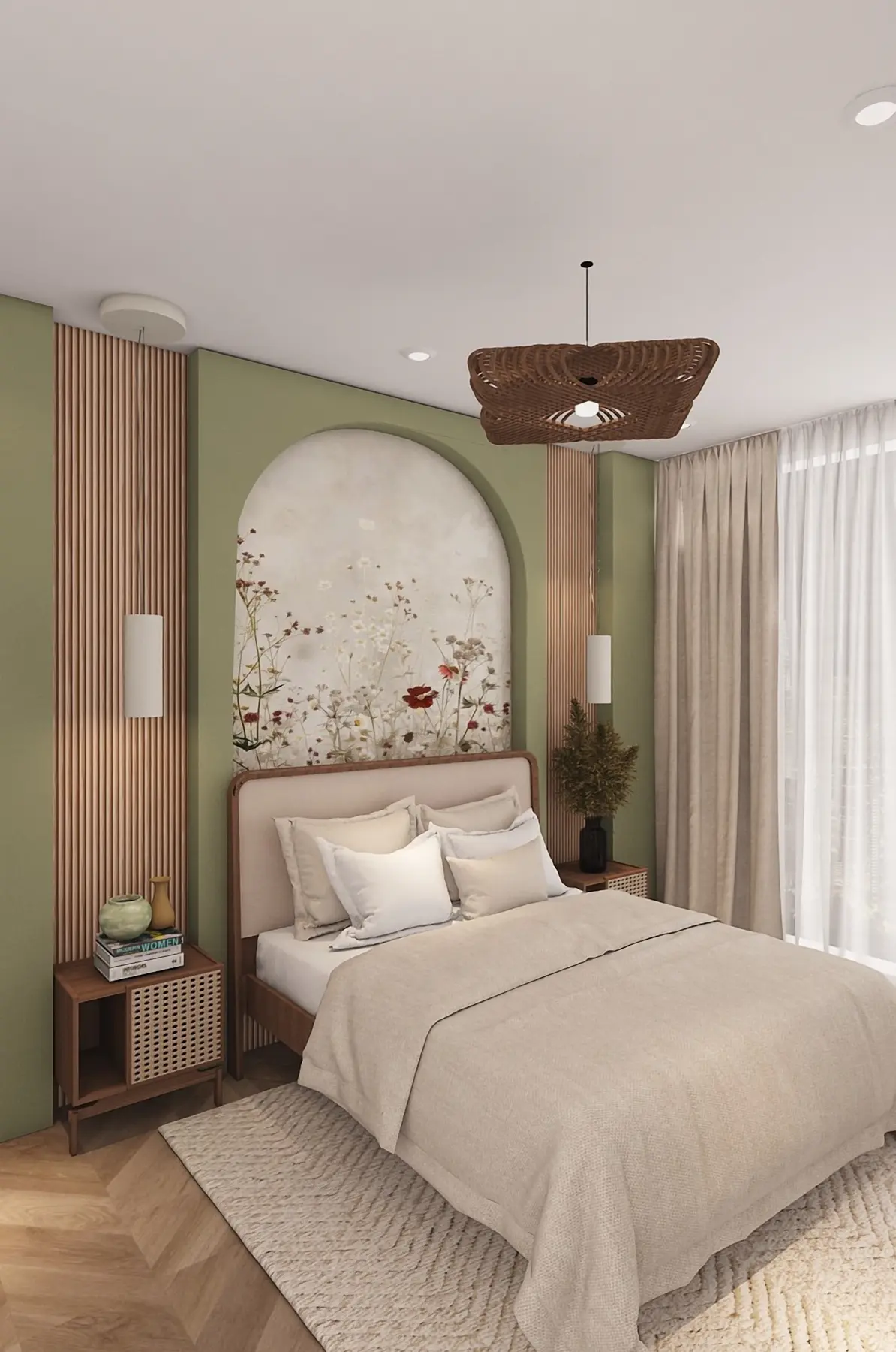 Camera da letto verde salvia con murale floreale ad arco, pannelli in legno a doghe e tende in lino