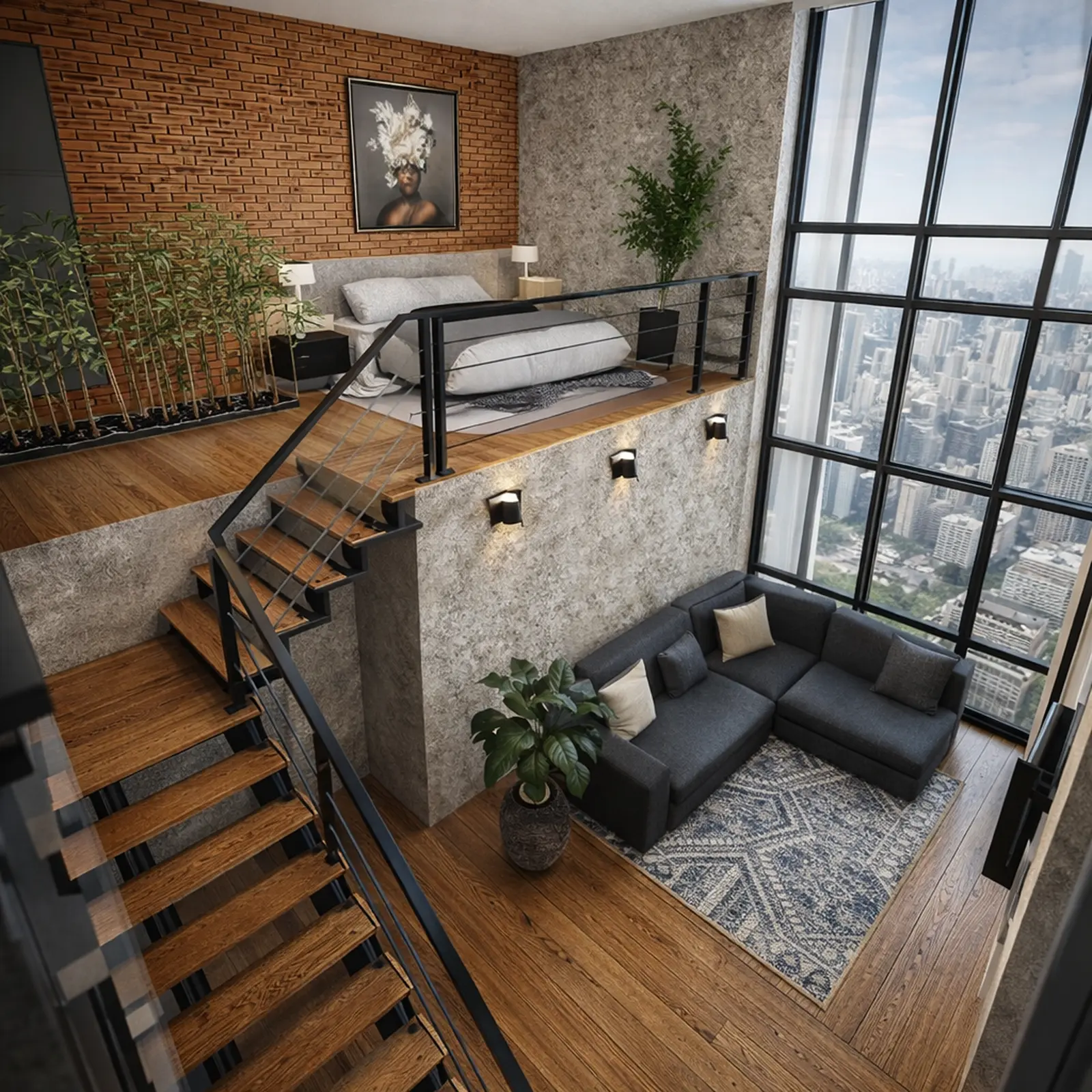 Casa tipo loft con dormitorio elevado, escalera de metal negro y ventanales con vista a la ciudad