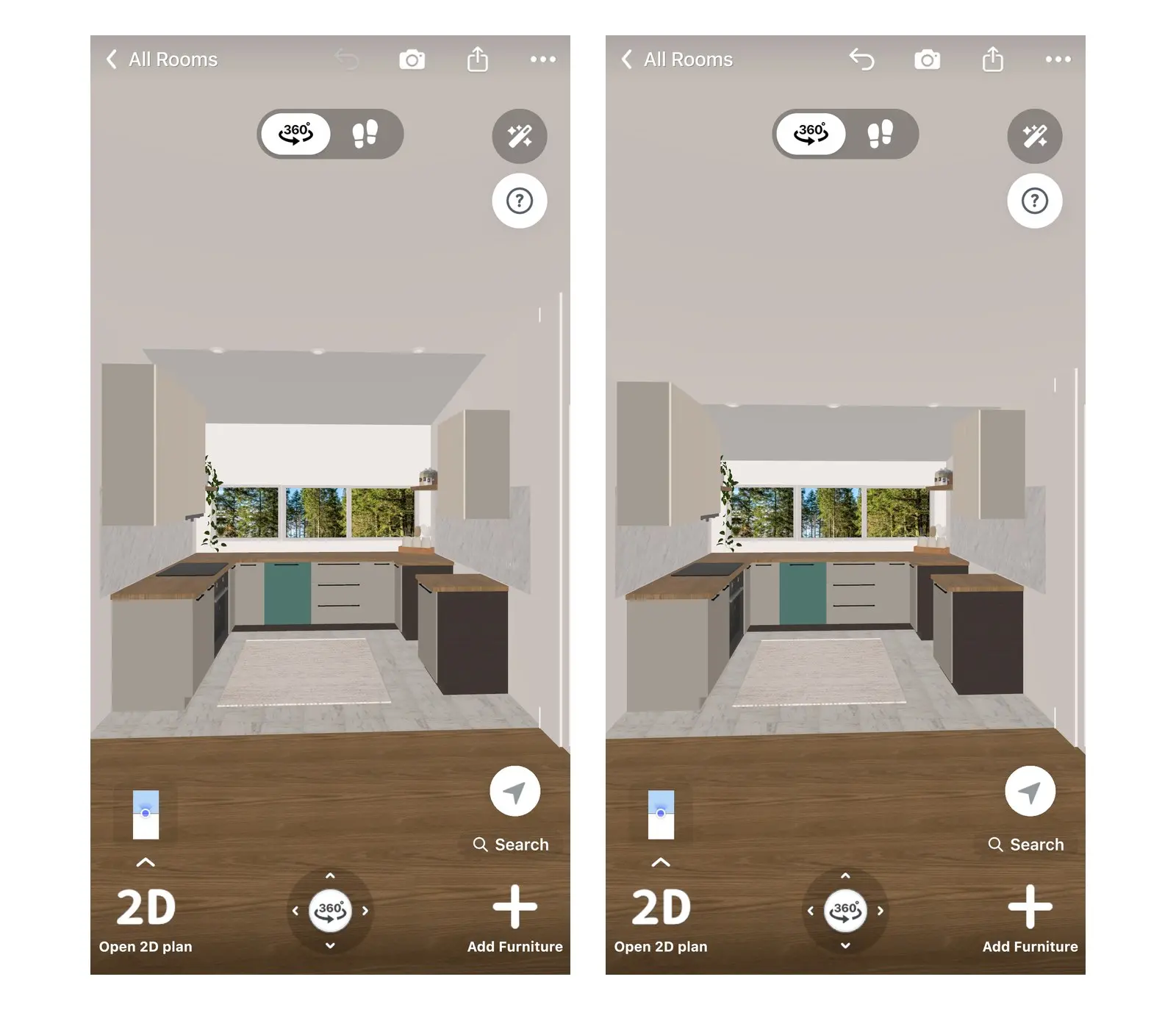 The same U-shaped kitchen in Home Planner 3D before and after: the ceiling goes down from 3.00 m (left) to 2.50 m (right), the strip of wall above the window gets narrower, and the windows and cabinets stay where they were